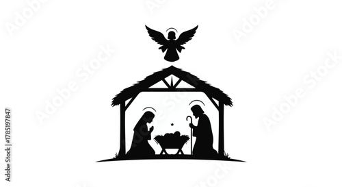 Silhouette of Nativity scene with Holy Spirit dove above stable, representing Christmas.