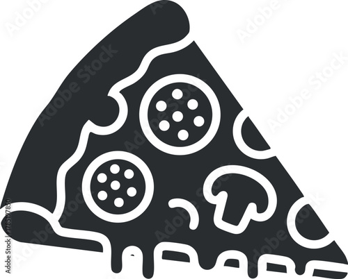 Stylized black and white vector illustration of a pizza slice featuring pepperoni and mushroom toppings, ideal for food-related designs
