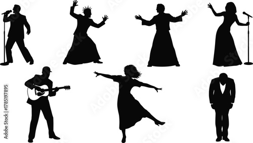 Performing arts silhouettes illustration, music and dance design, singing and acting concept, creative stage performance scene, cad drawing flat vector illustration