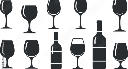 Stylish vector icon set of various wine glasses and bottles in minimalist black silhouette design for beverage-related projects