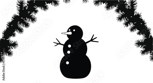 Whimsical silhouette snowman with festive evergreen branches framing the scene
