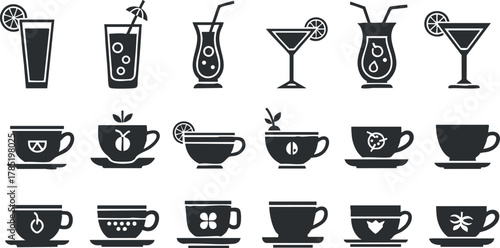 Stylish vector icon set featuring a variety of drink designs including cocktails, coffee, and tea cups for branding and menu design