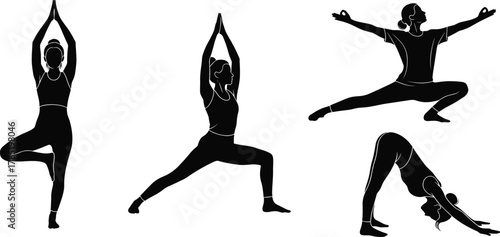 Yoga poses silhouettes illustration, tree warrior downward dog design, mindfulness and fitness concept, wellness lifestyle scene, cad drawing flat vector illustration