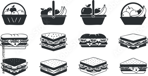 Flat design vector icon set featuring various food items including sandwiches and fruit baskets for menu design and culinary projects