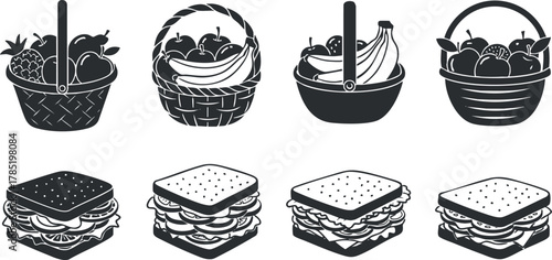 Black and white vector illustration set featuring baskets filled with fruits and sandwiches for food-related projects