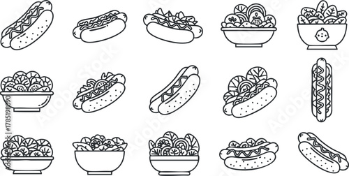 Set of minimalist black and white vector illustrations featuring hot dogs and bowls of salad for food-related designs
