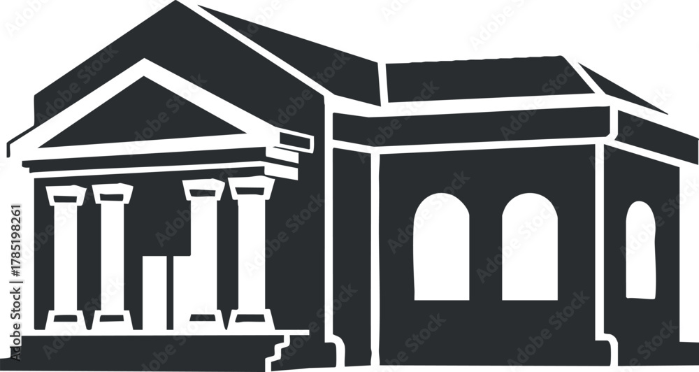 Naklejka premium Stylized black and white vector illustration of a historic building with columns, ideal for architectural design projects.