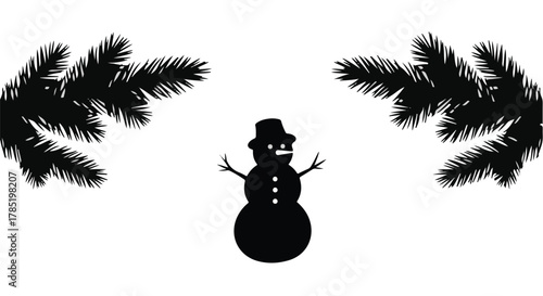 Whimsical snowman with a hat stands between dark pine branches on a white background
