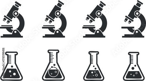 Flat design vector icon set of laboratory equipment including microscopes and beakers for educational and scientific projects
