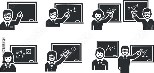 Minimalist black and white vector illustration of educators presenting various subjects in a classroom setting for educational materials and branding.