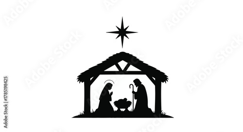 Peaceful Nativity scene silhouette with guiding star on white background, evoking holiday spirit