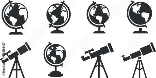 Collection of minimalist black and white vector illustrations featuring globes and telescopes for educational and scientific themes