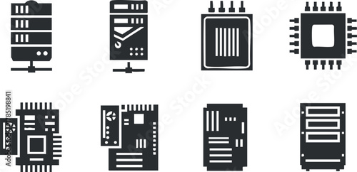 Set of modern black and white vector icons showcasing various computer hardware components and microchips for technology design projects
