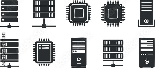 Flat design vector illustration of technology icons including servers, CPUs, and data storage components for digital projects