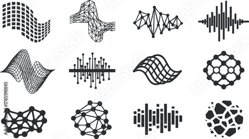 Geometric vector icon set featuring various abstract waveforms and network patterns for digital design projects