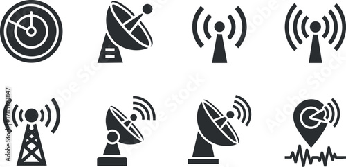 Set of modern flat design vector icons illustrating communication signals, antennas, and transmission waves for technology projects.