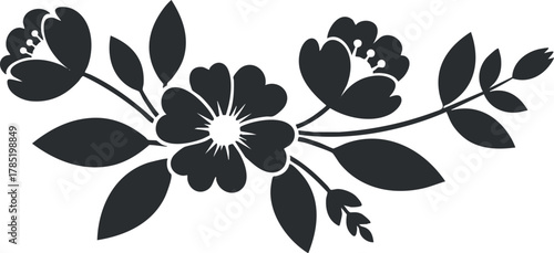 Elegant black silhouette vector illustration of floral arrangement featuring flowers and leaves, ideal for nature-themed designs