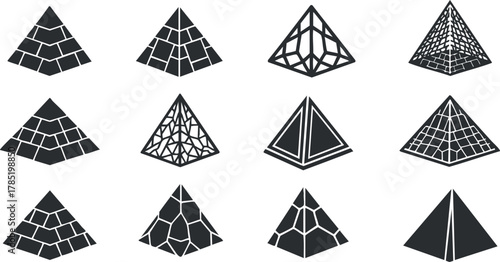 Stylized vector illustration set of geometric pyramids in various designs for modern graphic projects