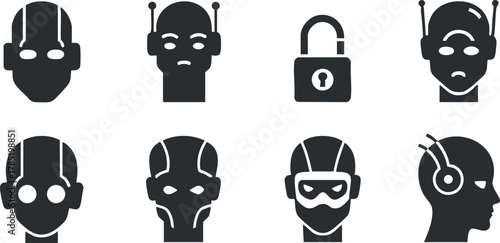 Modern flat vector icon set featuring diverse robotic heads and technology symbols for digital and design projects