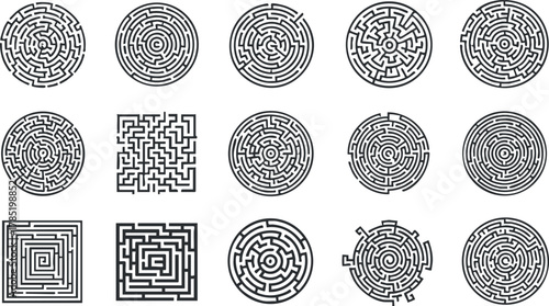 Collection of intricate maze vector illustrations in various geometric shapes for creative design projects and puzzles