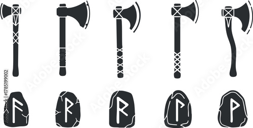 Silhouette vector icon set featuring various axes and rune stones for historical, cultural, or design projects