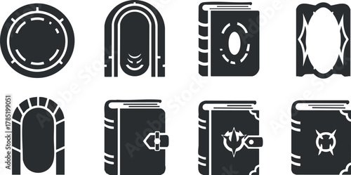 Set of minimalist black and white vector icons featuring various book designs and covers for educational and literary contexts