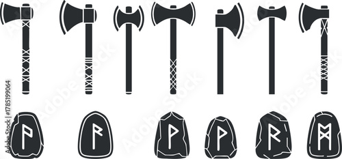 Black and white vector illustration of a collection of axes and runes for adventure and historical themes