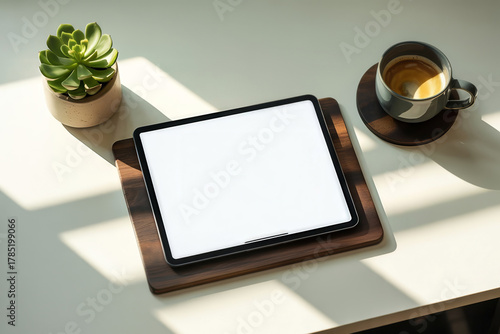 High angle shot of a digital tablet mockup with a blank screen on a minimal desk, surrounded by a coffee cup and succulent plant in bright sunlight.