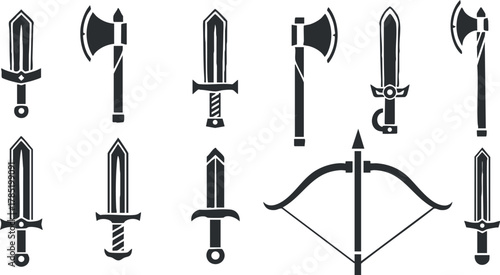 Collection of black and white vector illustrations featuring various swords, axes, and a crossbow for fantasy and medieval themes