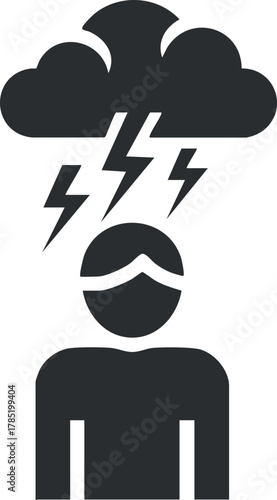 Flat design vector illustration depicting a person stressed by a storm with clouds and lightning, suitable for mental health concepts.