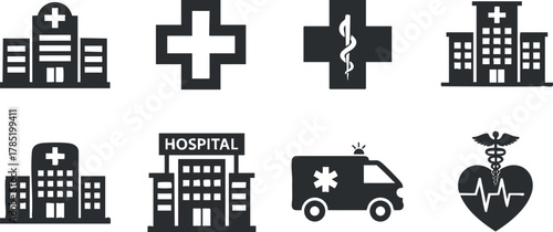 Set of minimalist black and white vector icons representing healthcare symbols, hospitals, ambulances, and medical facilities for design projects.