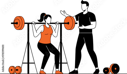 Woman Squatting with Barbell Under Supervision of Personal Trainer.