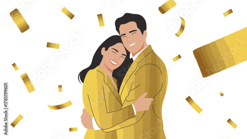 A loving couple in matching yellow outfits embracing tenderly.