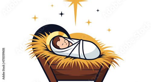 Baby Jesus in Manger with Guiding Star Christmas Nativity Scene.