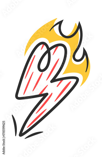 Hand drawn burning thunderbolt hitting