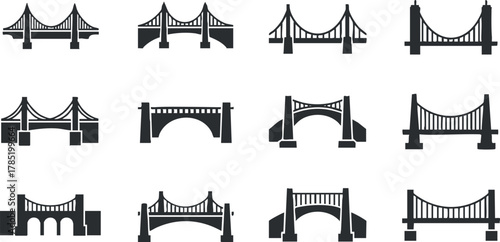 Collection of minimalist black and white vector icons featuring various bridge designs for urban planning and architectural projects