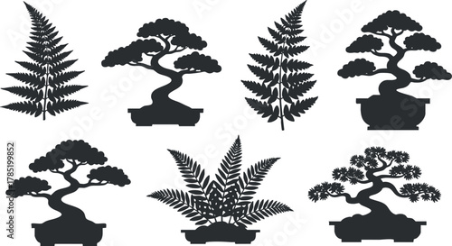Silhouette vector illustration set of various bonsai trees and ferns for nature-themed design projects.