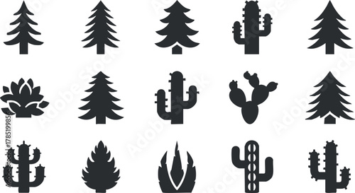 Silhouette vector icon set featuring various trees and cacti designs for nature-themed projects and branding.