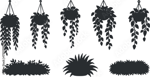 Silhouette vector icon set featuring various hanging plants and foliage designs for home decor and gardening themes