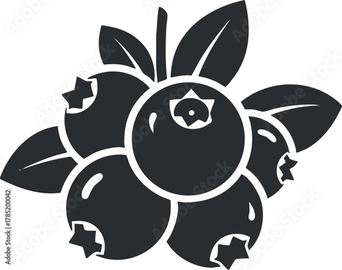 Stylized black and white vector illustration of blueberries with leaves, ideal for food-related branding and design.
