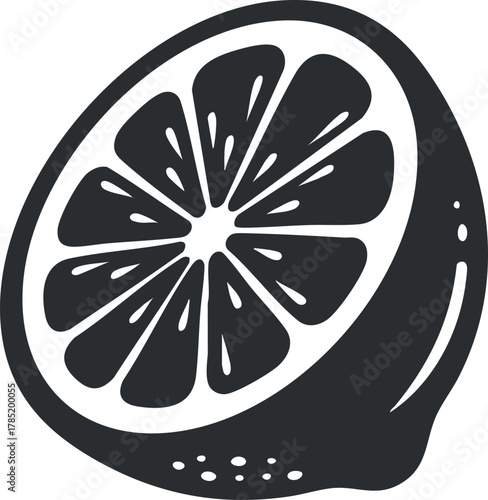 Stylized black and white vector illustration of a lemon slice, perfect for food-related design projects and branding.