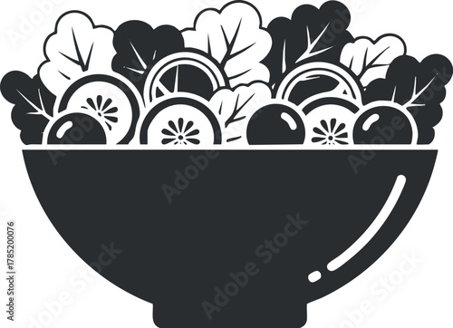 Minimalist black and white vector illustration of a salad bowl filled with fresh vegetables and greens for healthy eating concepts