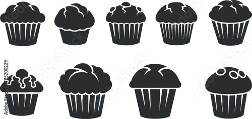 Silhouette vector icon set of various cupcake designs for bakery themes, dessert menus, and sweet treat illustrations