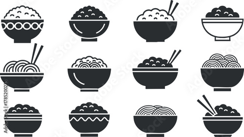 Minimalist black and white vector illustration of various noodle bowls with chopsticks, ideal for restaurant menus or food apps