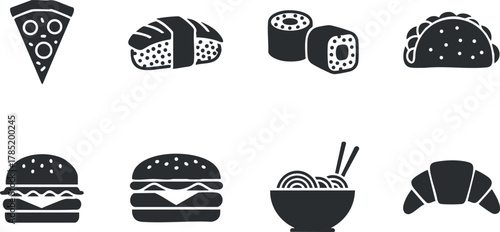 Flat black and white vector icon set featuring various food items like pizza, sushi, tacos, and burgers for culinary design projects