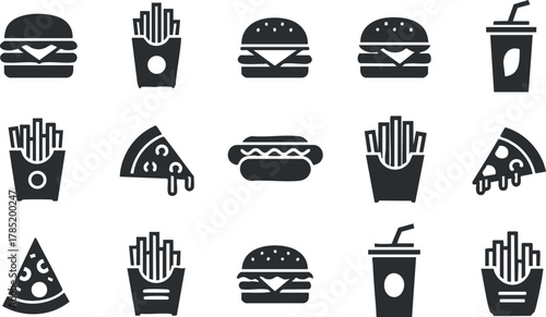 Collection of minimalist black and white vector icons featuring popular fast food items like burgers, fries, pizza, and drinks for menu design or branding.