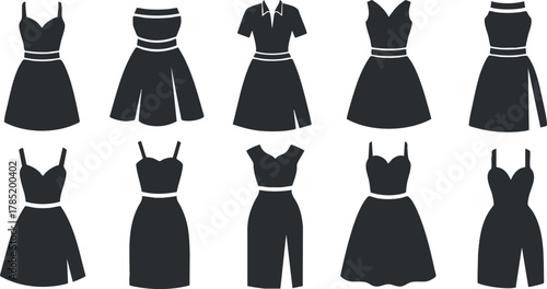 Stylish vector collection of various dress silhouettes in modern design for fashion branding and apparel projects