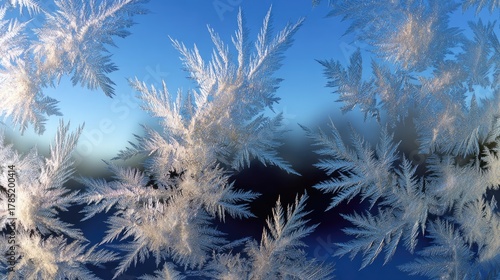 Delicate frost crystals form intricate patterns on a window, capturing the beauty of winter mornings. The soft blue hues of the sky blend with glimmering frost