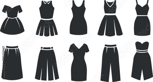 Stylish collection of silhouette vector illustrations showcasing various dress and skirt designs for fashion branding and design projects