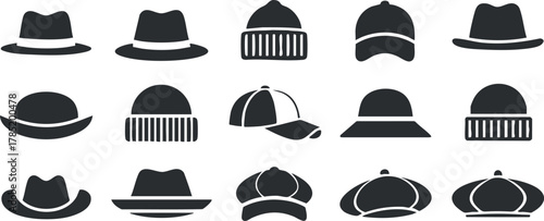 Silhouette vector icon set featuring various styles of hats including fedoras, beanies, and caps for fashion design projects